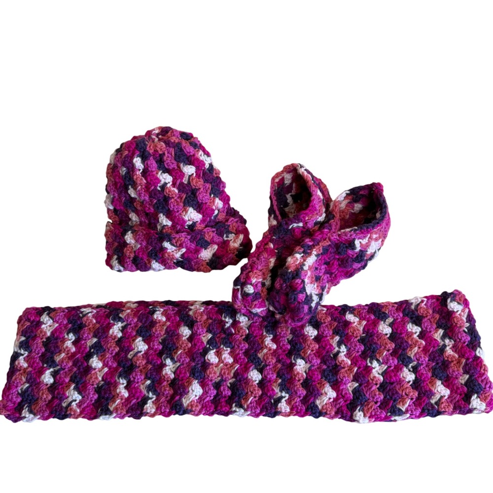 Crochet Hat Scarf‎ and Slipper Set - Pink Purple Handmade Accessory